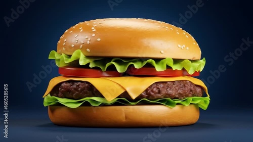 Juicy Cheeseburger with Lettuce, Tomato, and Melted Cheese in a Toasted Bun – Classic American Fast Food Favorite Served Hot and Fresh.