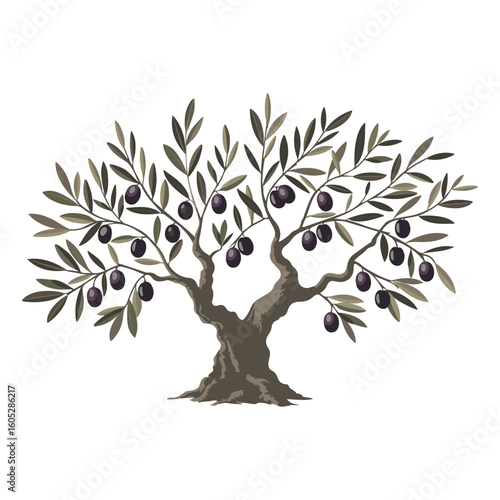 Elegant Olive Tree Logo Design. Vector illustration of a stylized olive tree with dark green leaves and deep purple olives. The tree has a twisted trunk and branches, symbolizing nature, tradition.