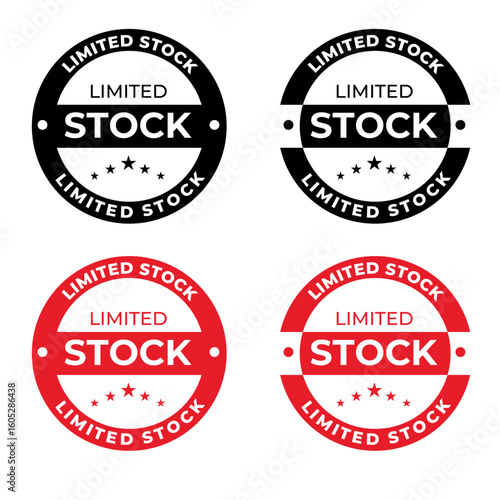Limited Stock Badge Vector Set – Red and Black Circular Stamp Icons for Urgent Offers, Ecommerce Promotions, and Product Scarcity Marketing