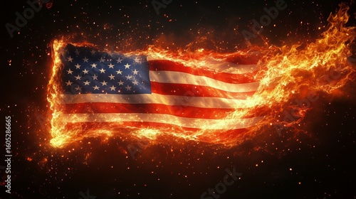 American Flag Engulfed in Flames With Sparks and Glowing Embers in a Dramatic...