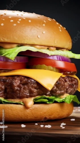 Juicy Cheeseburger with Lettuce, Tomato, and Melted Cheese in a Toasted Bun – Classic American Fast Food Favorite Served Hot and Fresh.
