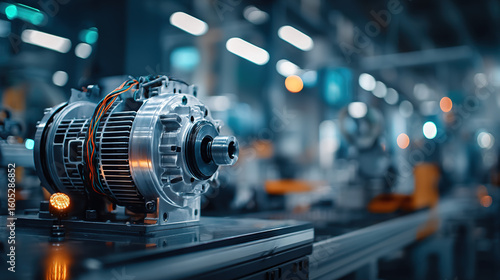 An electric motor sits on a factory floor, showcasing industrial engineering and power.