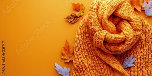 Cozy Orange Knit Sweater With Autumn Leaves on Vibrant Orange Background.