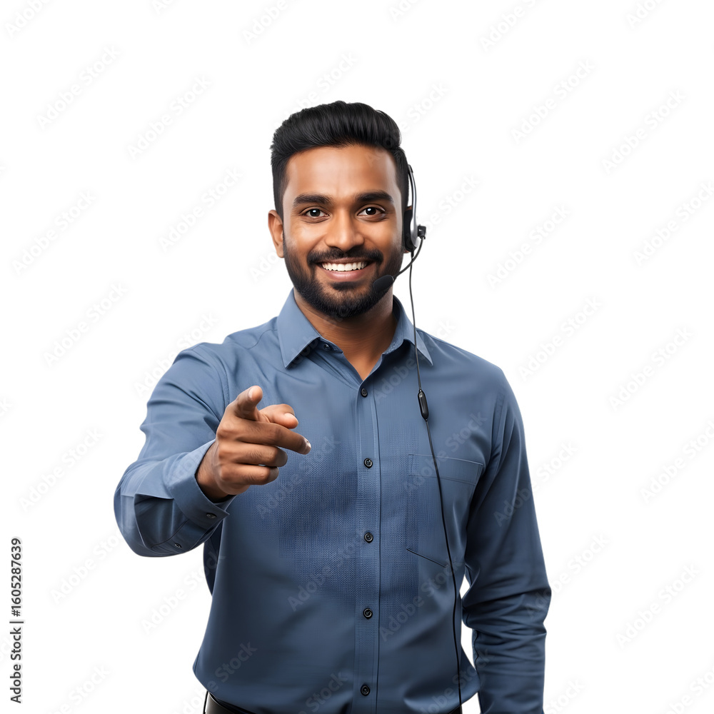 Fototapeta premium A Motivational Sri Lankan BPO Team Leader with a Headset Encouraging His Customer Service Team on isolated transparent background.