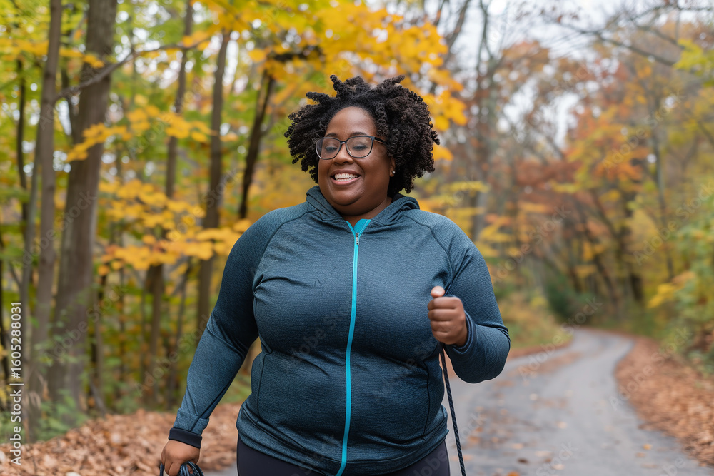 Obraz premium Plus-size woman skipping rope outdoors