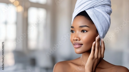 Woman With Towel on Head Enjoying Skincare Routine in a Bright, Modern Bathroom
