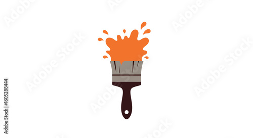 Paintbrush with splash of orange paint on white background
