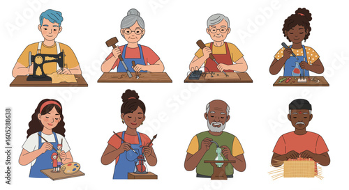 Diverse artisans engaging in various crafts and hobbies