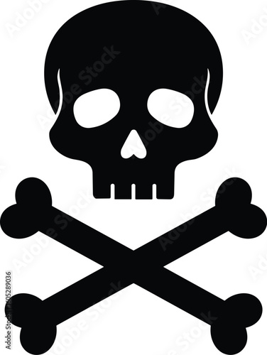 Skull and crossbones silhouette vector, bold black hazard symbol with detailed cranium and crossed bones, isolated toxic warning illustration on white background for stock use