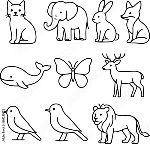 A charming collection of hand drawn animal illustrations featuring a cat elephant rabbit fox whale butterfly deer birds and a lion