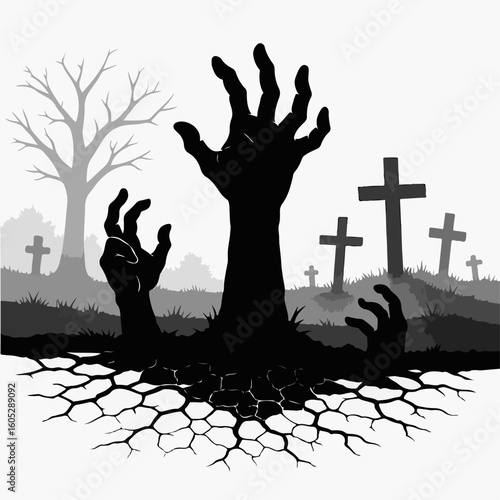 Terrifying zombie hands emerge from cracked earth in a spooky graveyard under a bare tree