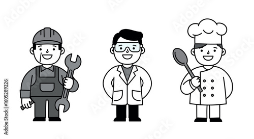 Cartoon characters depicting engineer, scientist, and chef in black and white