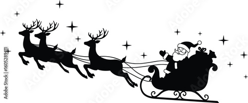 Santa Claus sleigh silhouette vector, waving Claus in gift-filled sleigh pulled by flying reindeer with stars, black festive illustration on white background, isolated artwork for stock