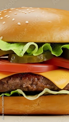 Juicy Cheeseburger with Lettuce, Tomato, and Melted Cheese in a Toasted Bun – Classic American Fast Food Favorite Served Hot and Fresh.