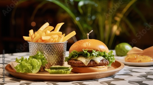 Juicy Burger With Fresh Toppings and Golden Fries Served in a Cozy Restaurant...