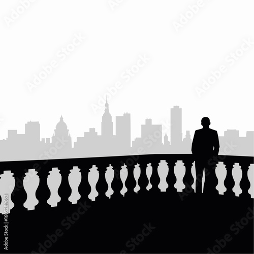 Man standing on balcony railing overlooking city skyline in vector style  