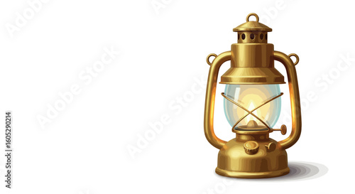 Vintage kerosene lantern with warm glowing light on white background