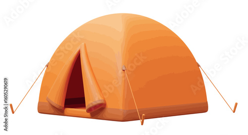 Orange camping tent with ropes on white background in 3d style