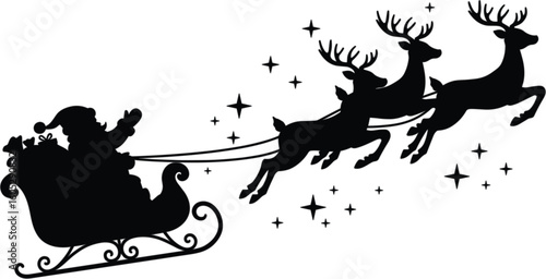 Santa sleigh silhouette vector, Christmas illustration of reindeer pulling sleigh with gifts and stars, black festive graphic on white background, isolated holiday artwork for stock