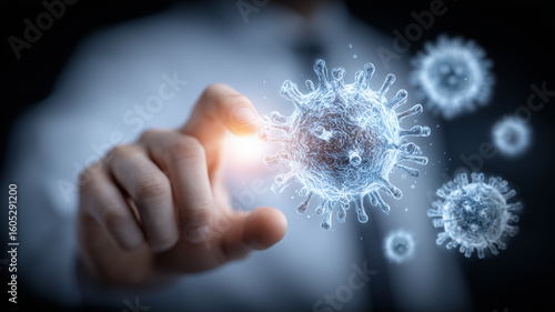 Corporate Biodefence Strategy Visualised as a Business Leader Touching a Holographic Virus Model in Mid Air. Communicates proactive infection control and data driven health security