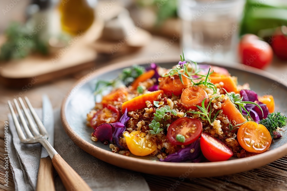 Fresh plant-based meal featuring colorful vegetables and quinoa served on a rustic table Fresh plant-based meal featuring colorful vegetables and quinoa served on a rustic table
