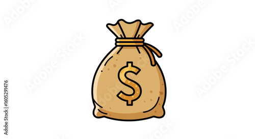 Cartoon style money bag with dollar sign on white background