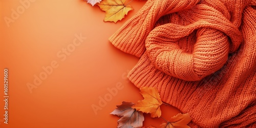 Cozy Orange Knit Sweater With Autumn Leaves on Vibrant Orange Background
