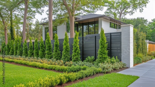Modern House With Lush Landscaping and Privacy Fence in a Suburban Area Durin...