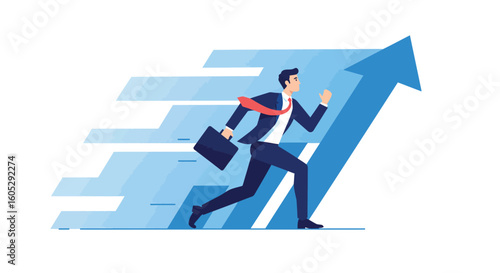 Business growth concept: businessman in motion with upward arrow symbolizing success