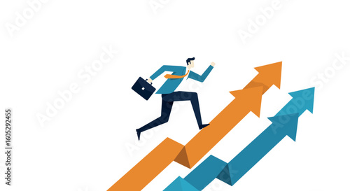 Business growth concept: businessman climbing arrows towards success