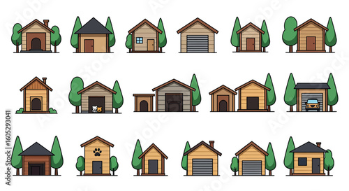 Charming collection of flat style dog houses and garages with trees