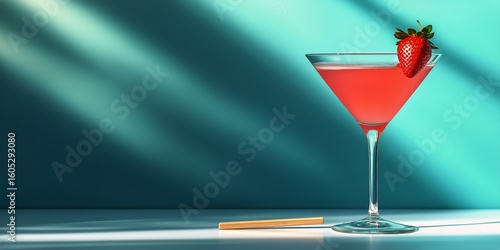 Refreshing Cocktail With Strawberry Garnish in Vibrant Setting During Sunny A...