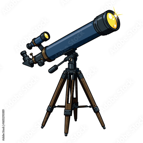Vintage wooden telescope on tripod with brass accents. Vector illustration