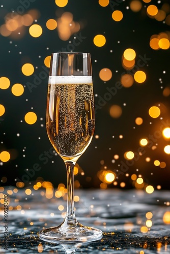 Celebratory Champagne Glass on a Marble Table With Festive Lights in the Back...