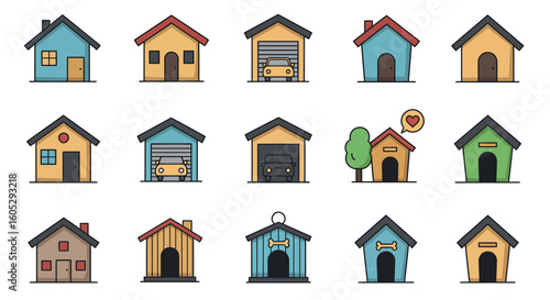 Colorful flat design of various houses and doghouses with unique roof styles