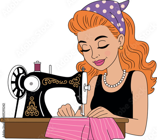 Cartoon woman with red hair and polka dot bandana using a vintage sewing machine on white background