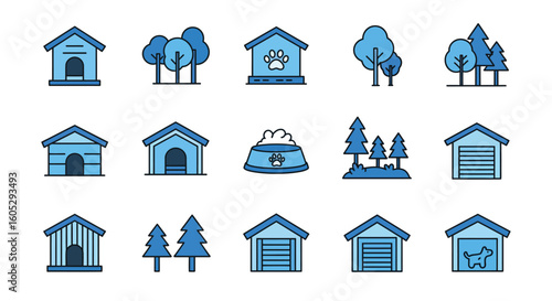 Dog house and park elements in blue linear style