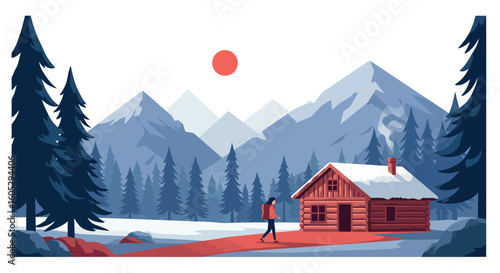 Tranquil winter cabin escape with snowy mountains and pine trees