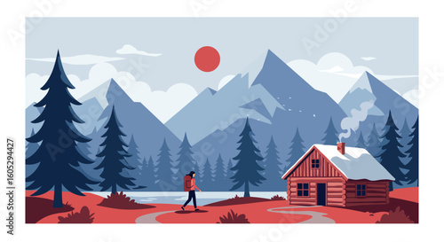 Tranquil mountain landscape with hiker and log cabin at sunset