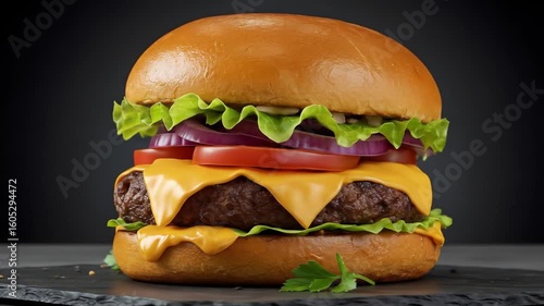 Juicy Cheeseburger with Lettuce, Tomato, and Melted Cheese in a Toasted Bun – Classic American Fast Food Favorite Served Hot and Fresh.