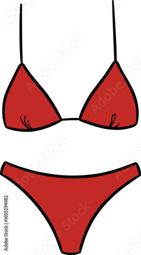 Red bikini silhouette vector, triangle-style swimwear set with string ties, black fashion illustration on white background, isolated summer beachwear artwork for stock use