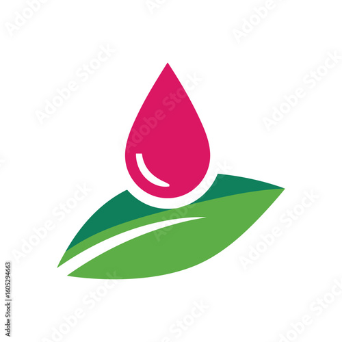 Natural Drop on Green Leaf Icon. Vibrant magenta liquid bead rests on lush verdant foliage, symbolizing organic purity and botanical essence. Ideal for wellness or cosmetic brands.