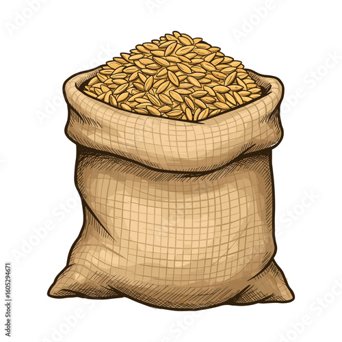 Burlap sack filled with rice grains. Vector illustration
