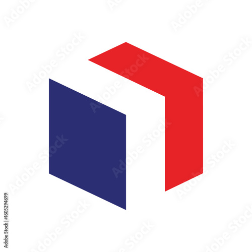 Red White Blue Geometric Block. A contemporary three dimensional shape showcases bold hues. This vibrant artwork suggests unity, advancement, and digital organization.