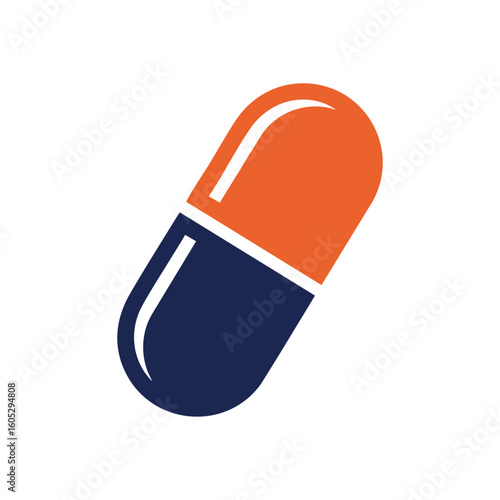 Healthcare Pill Symbol Vector. Clean graphic of an orange and blue pharmaceutical tablet. This emblem signifies health, well-being, and therapeutic remedies.