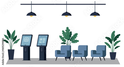 Modern office lobby with digital kiosks, blue chairs, and indoor plants