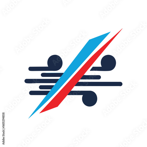 Airflow Dynamic Energy Symbol. This contemporary graphic showcases blue and red diagonal lines crossing alongside dark, flowing shapes, illustrating active air currents. It embodies concepts of.