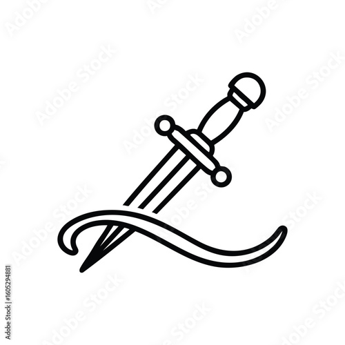 Sword Piercing Flowing Line Icon. This minimalist graphic depicts a sharp weapon penetrating a dynamic curve. It symbolizes overcoming challenges, decisive action, and achieving breakthrough.