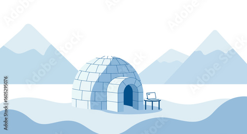 Igloo with laptop in arctic landscape featuring blue mountains