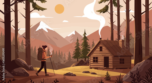 Rustic cabin in scenic forest with hiker at sunset in minimalist style